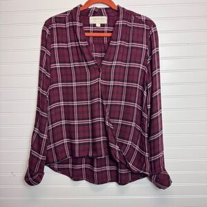Cloth & Stone Evereve Drape Front V-Neck Maroon Plaid Blouse Shirt S